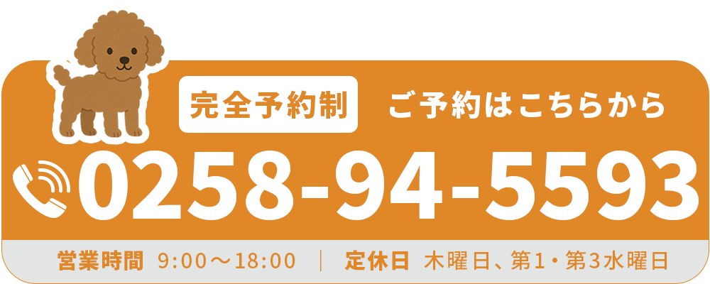 完全予約制　ご予約はこちら　TEL:0258-94-5593　営業時間  9:00～18:00　｜  定休日  木曜日、第1・第3水曜日